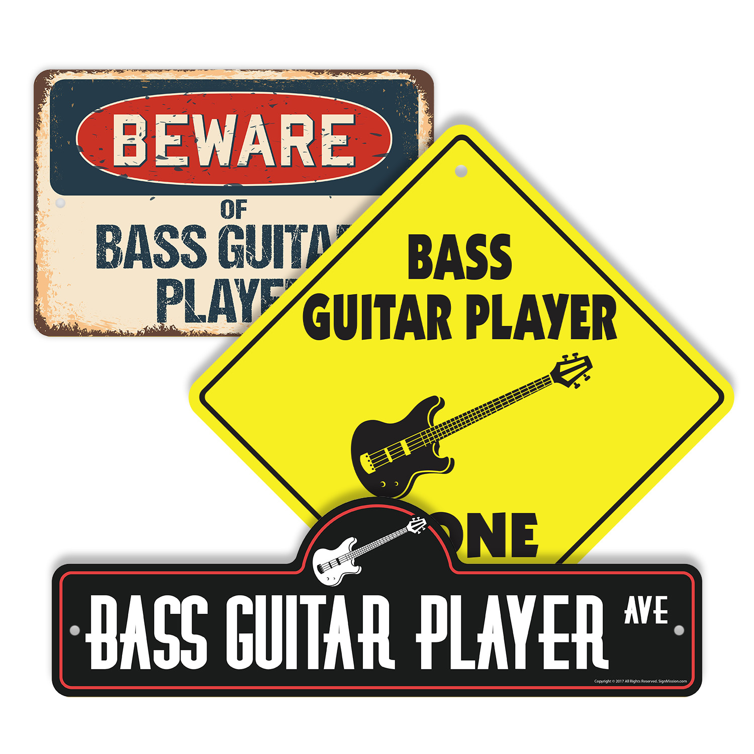 Bass Guitar Player (3 Pack) Plastic Street Sign Crossing Warning